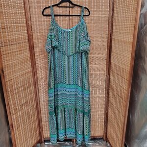 Vertice Sleeveless Cold Shoulder Patterned Maxi Dress Blue and Green Size XL